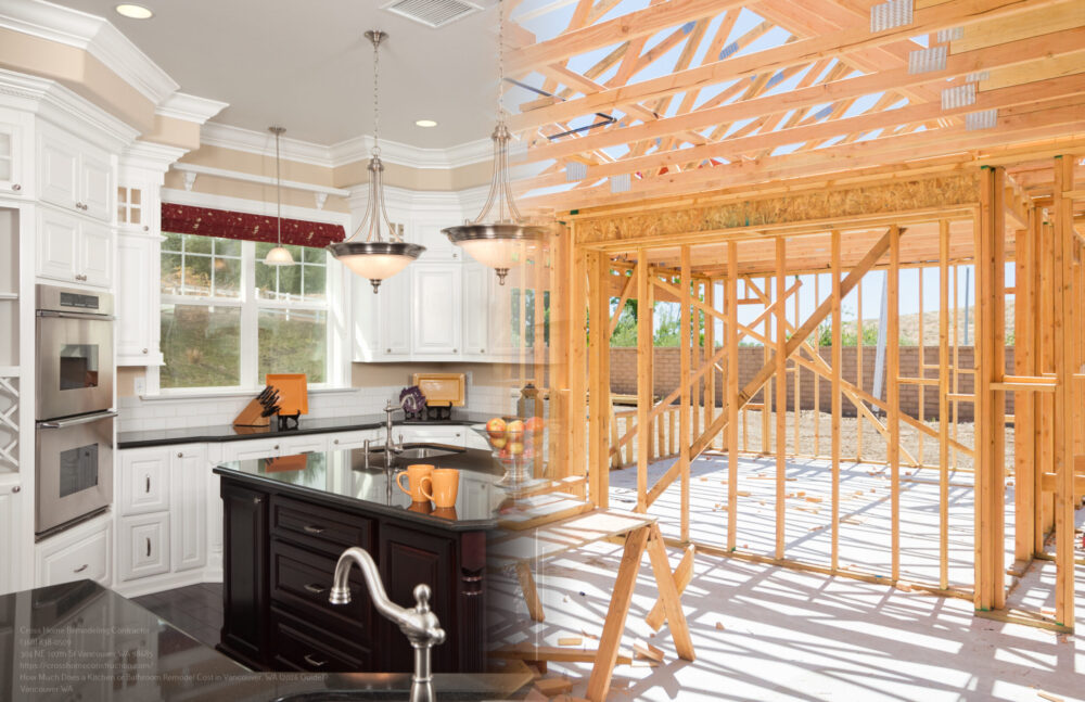 Finished Custom Kitchen Build Gradating Into House Construction Framing.